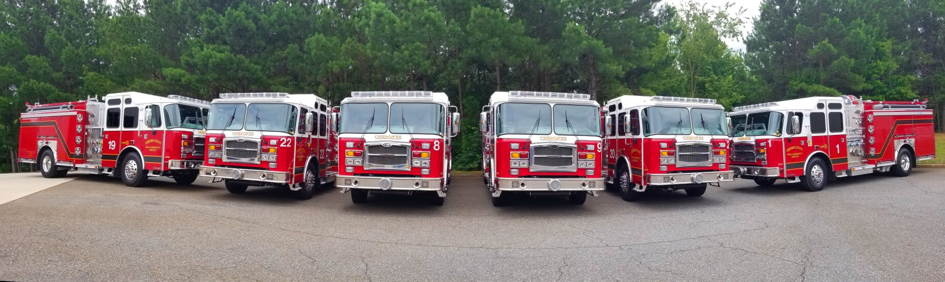 E-One Pumper fire trucks lined up in Cherokee County