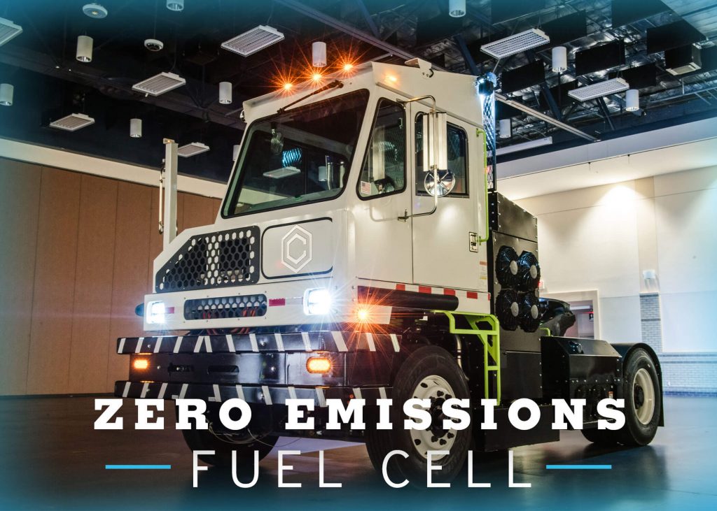 Graphic of Capacity Terminal Tractor with Zero Emissions Fuel Cell laid on top of the image