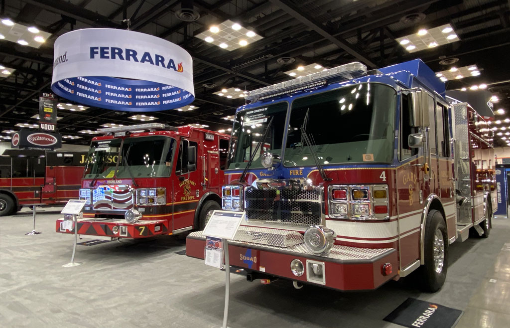 Image of Ferrara Fire Trucks insdie a conference center at FDIC 2022