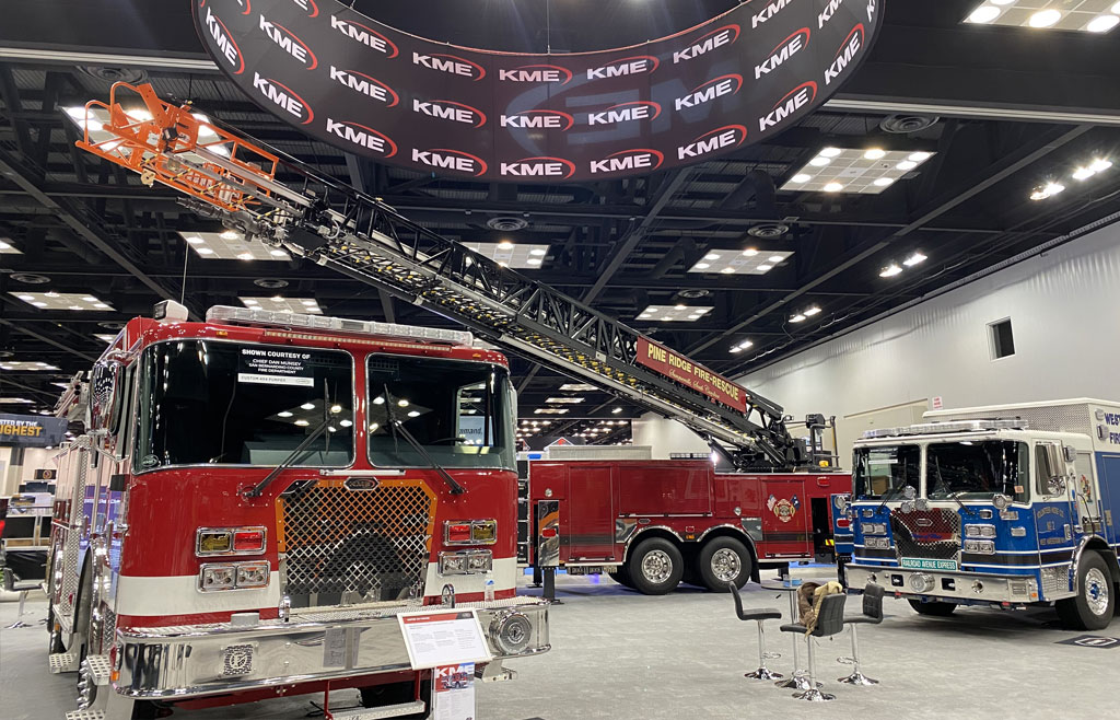 Image of KME Fire Trucks inside a conference center at FDIC 2022