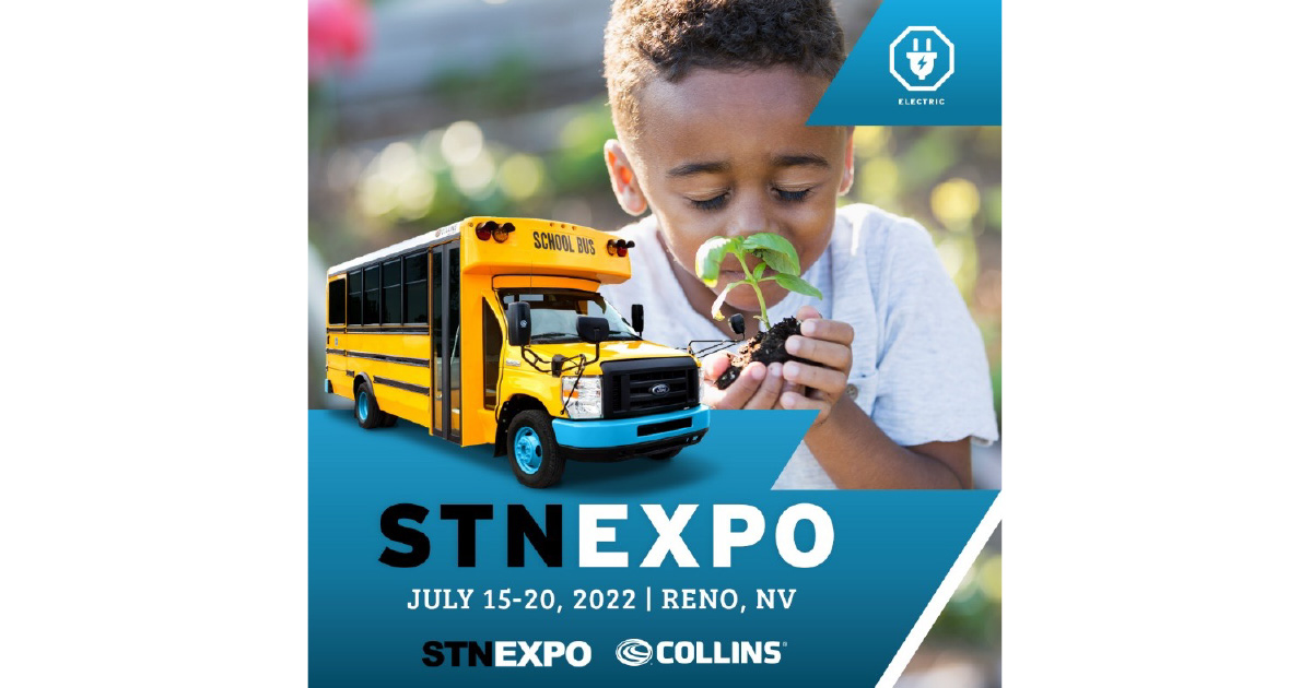 Image for the STN Expo that shows a child smelling a plant with a Collins Electric Bus in front of it. The Expo runs July 15-20, 2022 in Reno NV