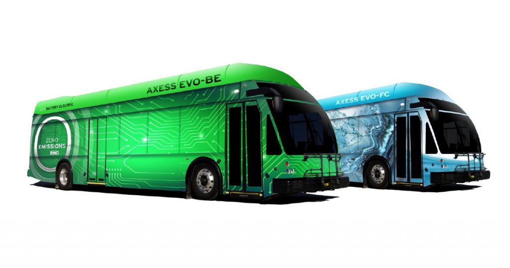 Images of the ENC Axess EVO-BE bus with green graphics on it and Axess EVO-FC bus with blue graphics on it.