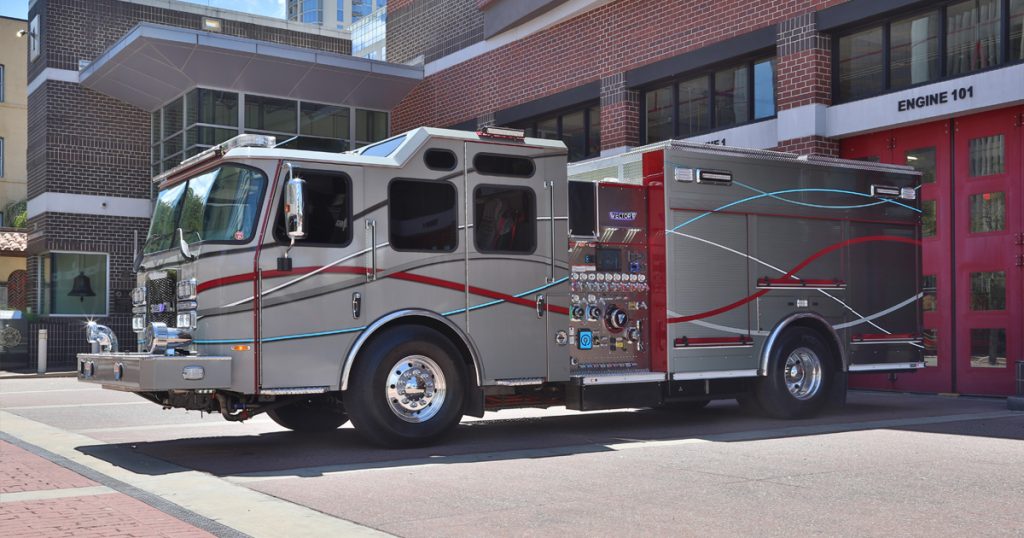 Vector All-Electric Fire Truck in front of a Fire Station in Charlotte, NC