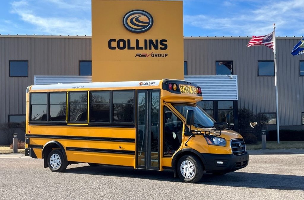 AVAILABLE FOR ORDERS: COLLINS BUS ALL ELECTRIC FORD E-TRANSIT TYPE A SCHOOL BUS